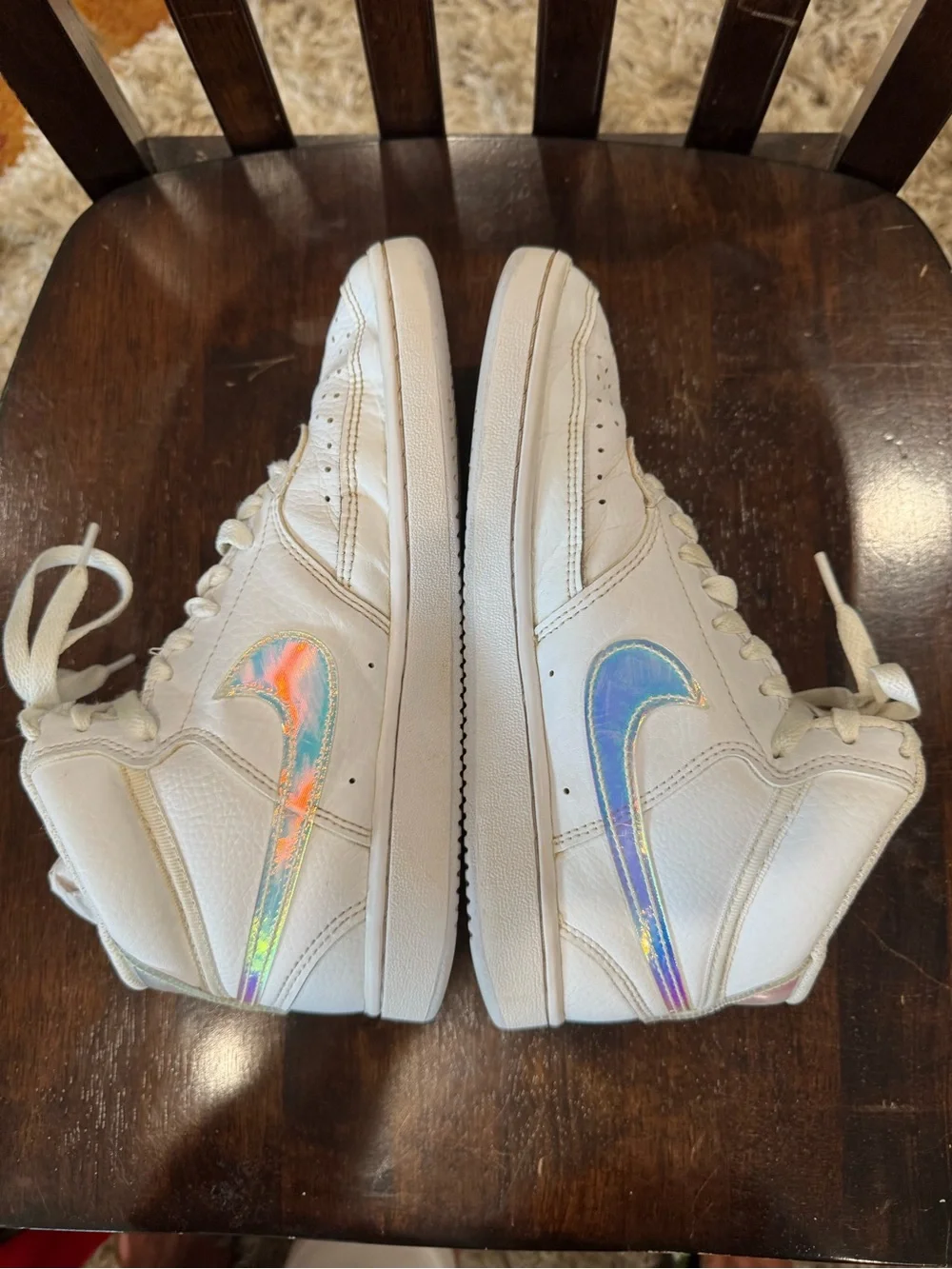 Nike White High-Top Sneakers with Holographic Swoosh (5.5 Y/7 W)